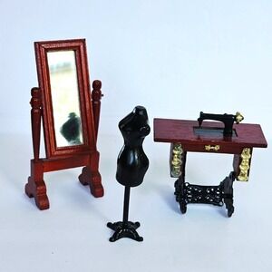 Vintage Dollhouse Miniature Sewing Room Set Mirror Mannequin Sewing Machine 1:12